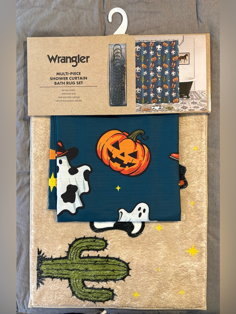Wrangler Navy Halloween Shower Curtain & Matt with Orange Pumpkin & White Ghosts